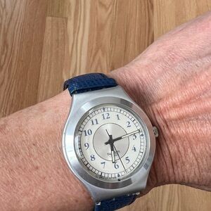 Swatch Silver Watch with Blue Strap